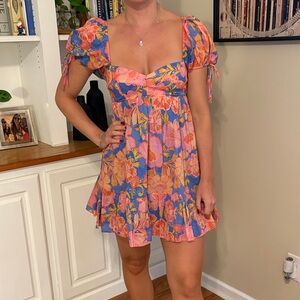 Olivaceous Blue and Pink Floral Mini Dress